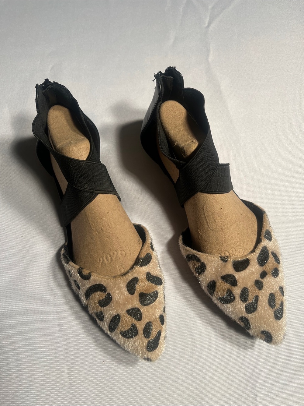Leopard Print Pointed Toe Flats with Black Ankle Straps